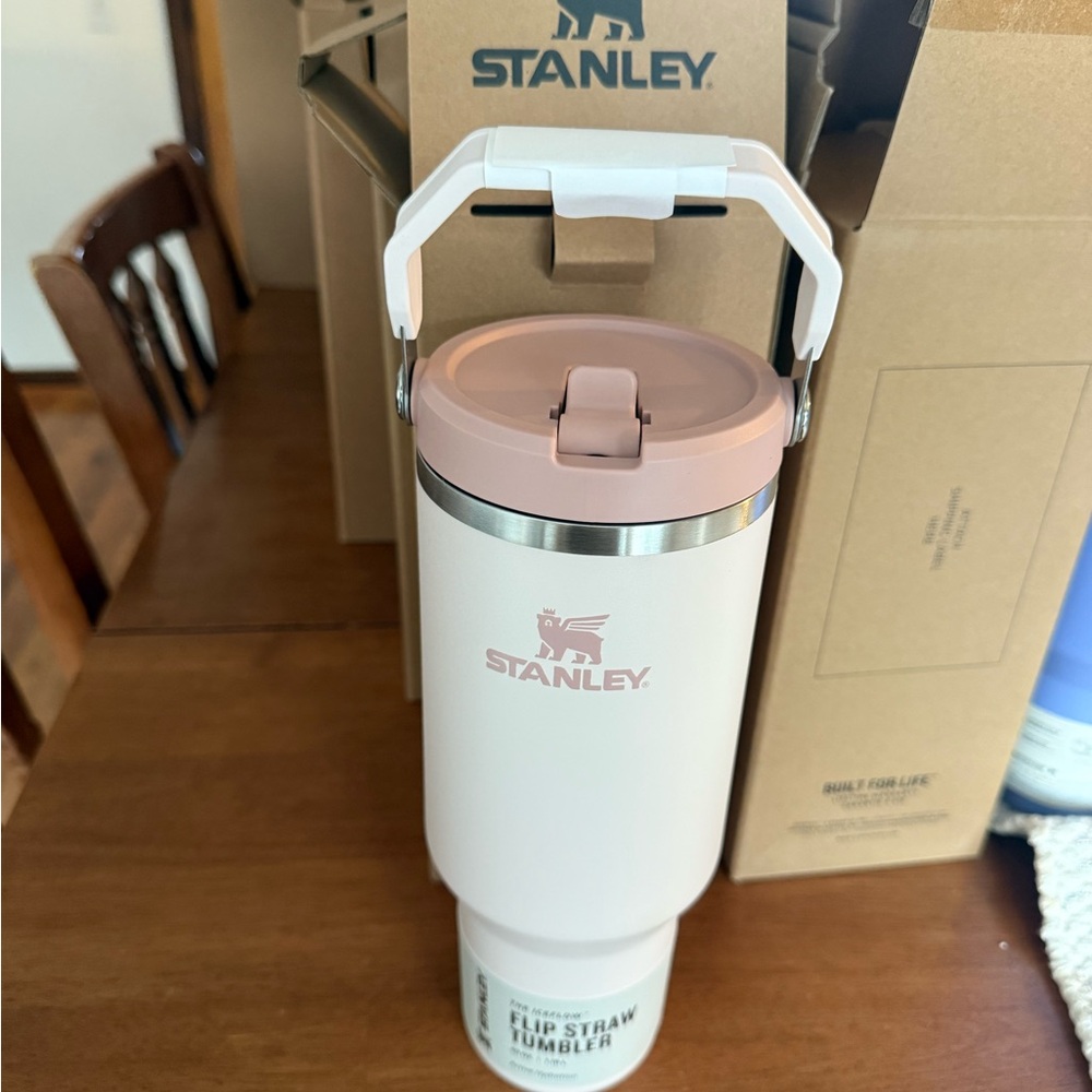 Stanley Pink and White Tumbler with Handle 40oz